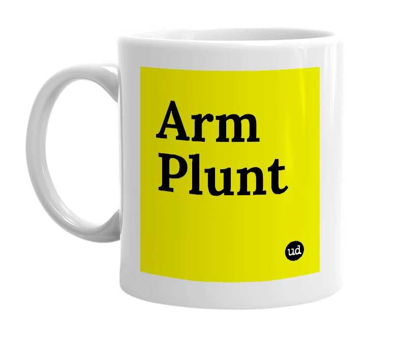 White mug with 'Arm Plunt' in bold black letters