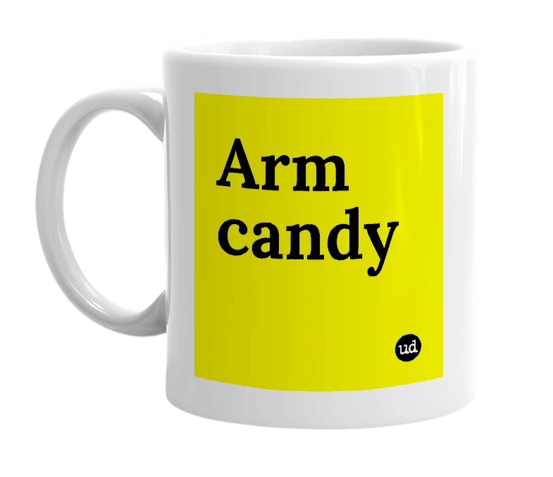 White mug with 'Arm candy' in bold black letters