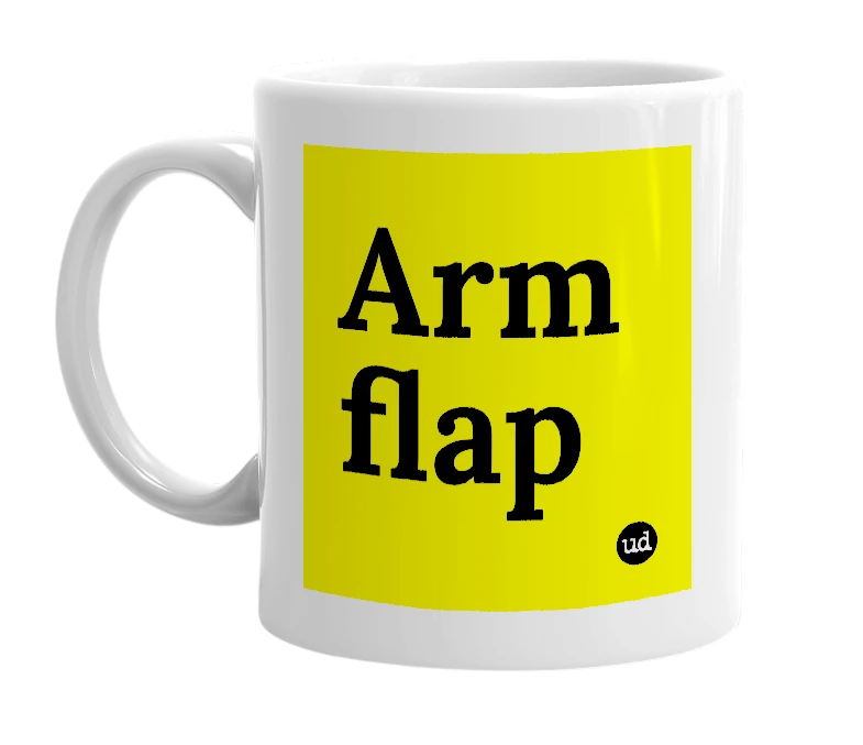 White mug with 'Arm flap' in bold black letters