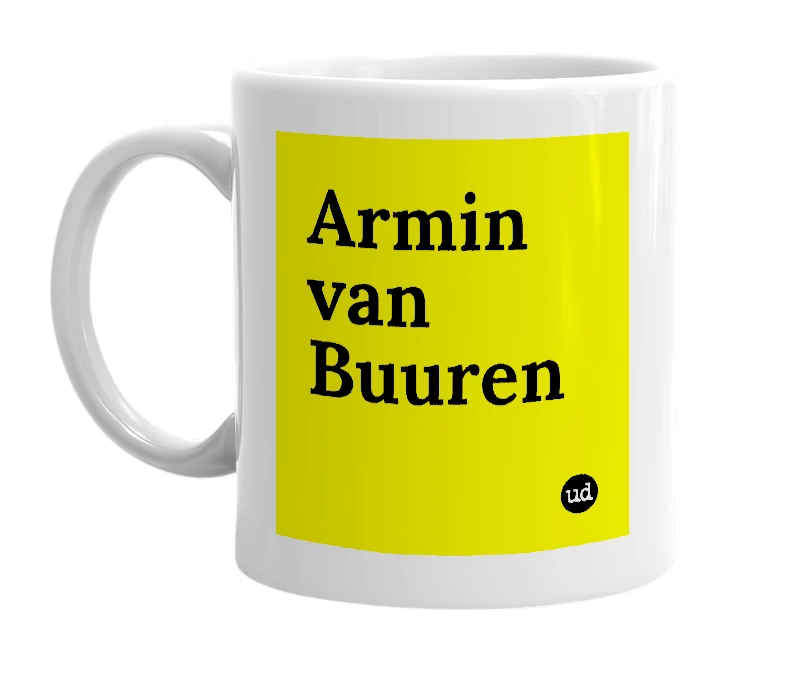 White mug with 'Armin van Buuren' in bold black letters