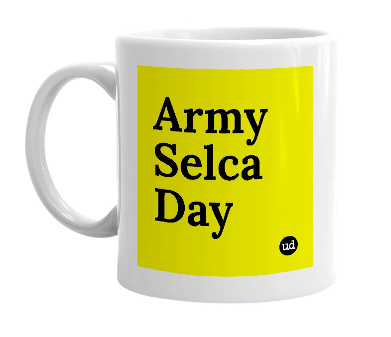 White mug with 'Army Selca Day' in bold black letters