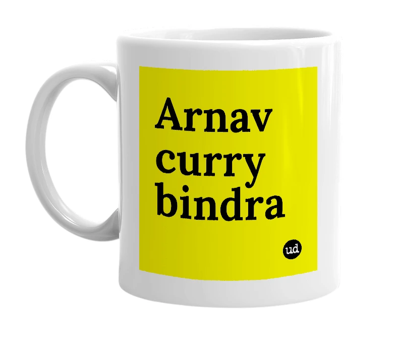 White mug with 'Arnav curry bindra' in bold black letters