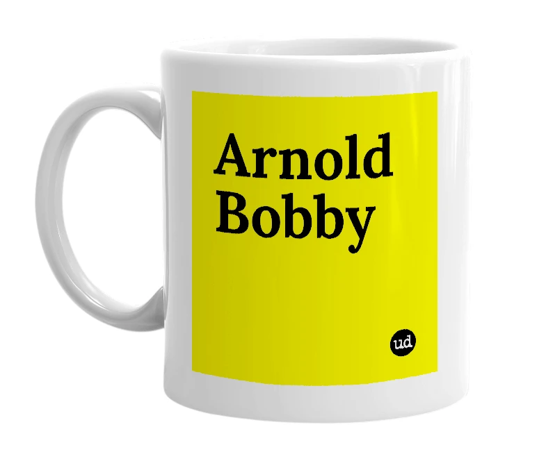 White mug with 'Arnold Bobby' in bold black letters