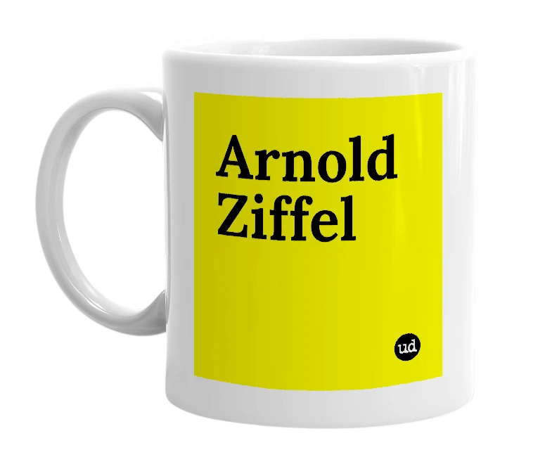 White mug with 'Arnold Ziffel' in bold black letters
