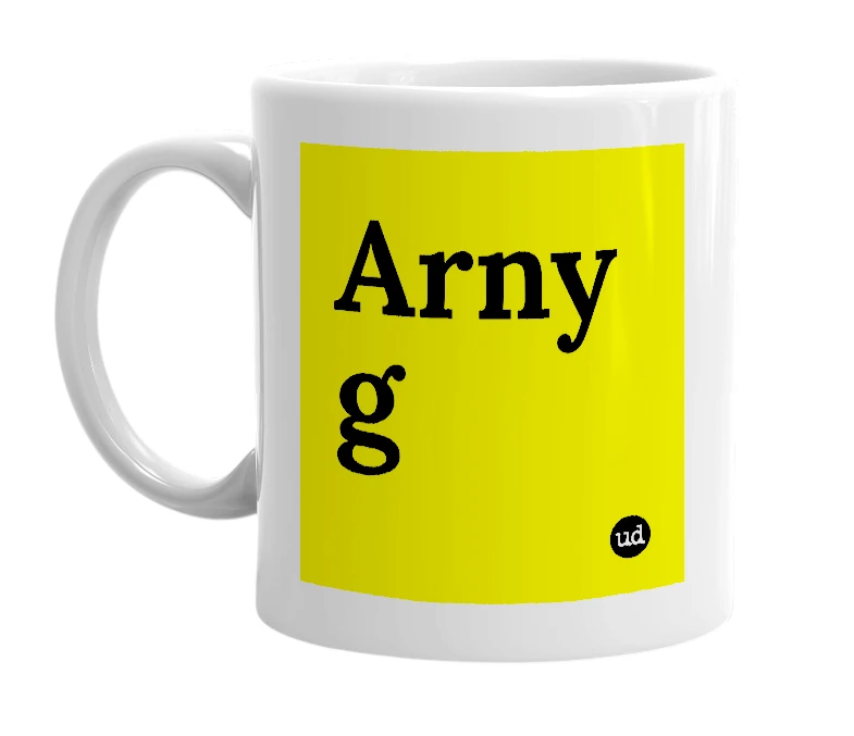 White mug with 'Arny g' in bold black letters