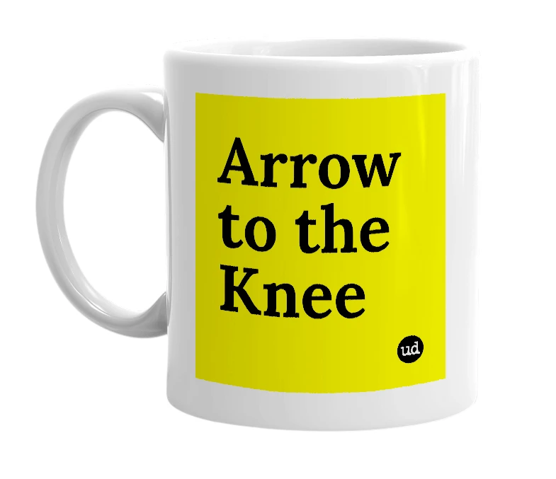 White mug with 'Arrow to the Knee' in bold black letters
