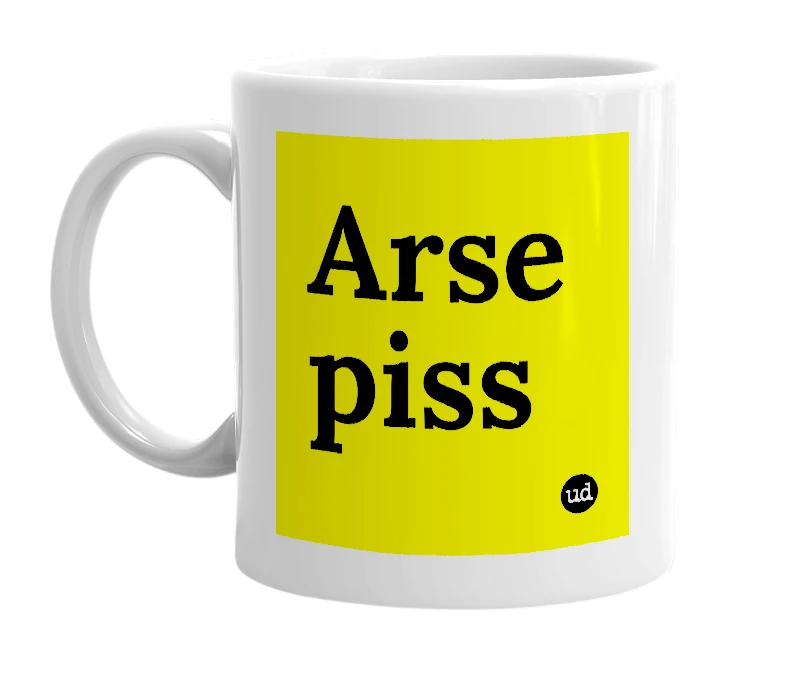 White mug with 'Arse piss' in bold black letters
