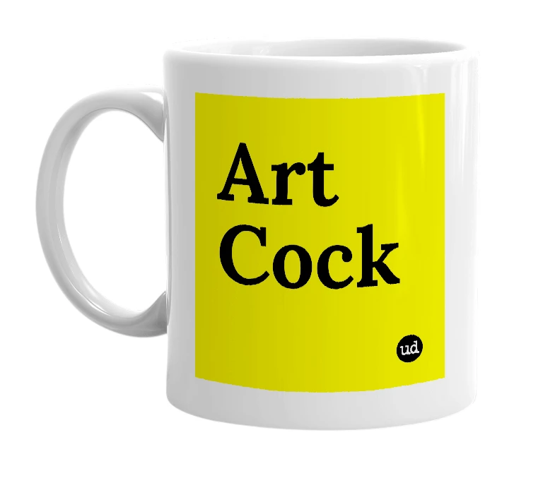 White mug with 'Art Cock' in bold black letters