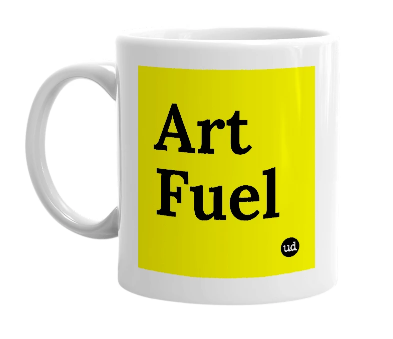 White mug with 'Art Fuel' in bold black letters