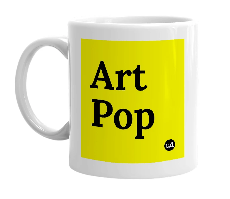 White mug with 'Art Pop' in bold black letters