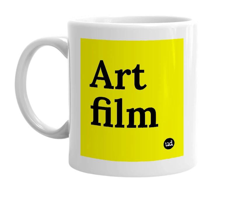 White mug with 'Art film' in bold black letters