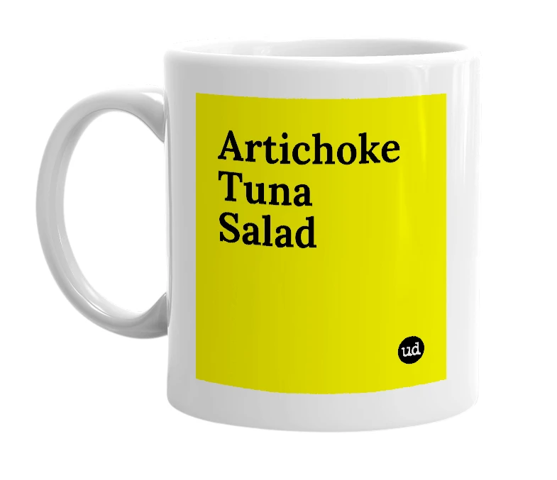 White mug with 'Artichoke Tuna Salad' in bold black letters