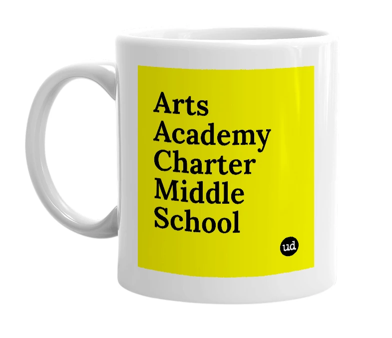 White mug with 'Arts Academy Charter Middle School' in bold black letters