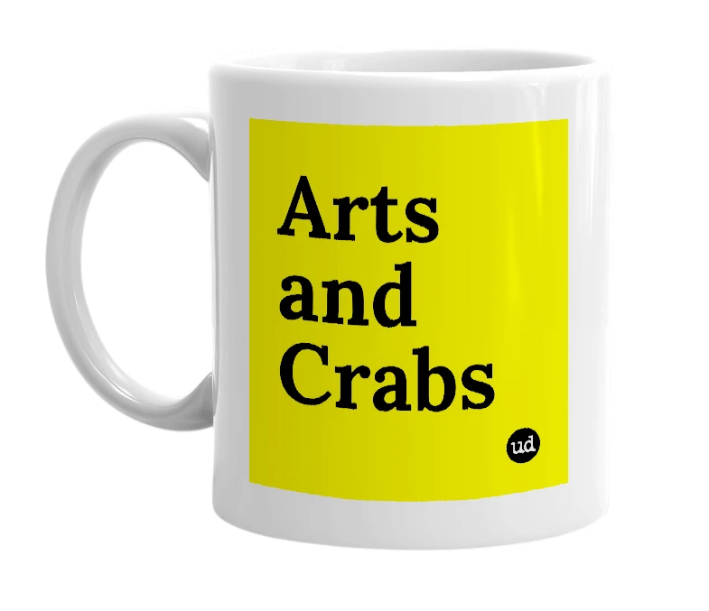White mug with 'Arts and Crabs' in bold black letters