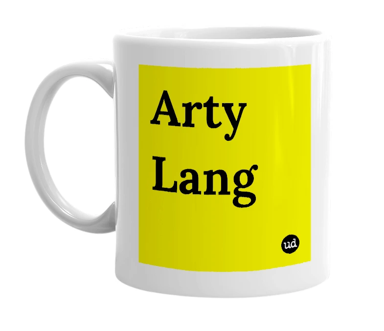 White mug with 'Arty Lang' in bold black letters
