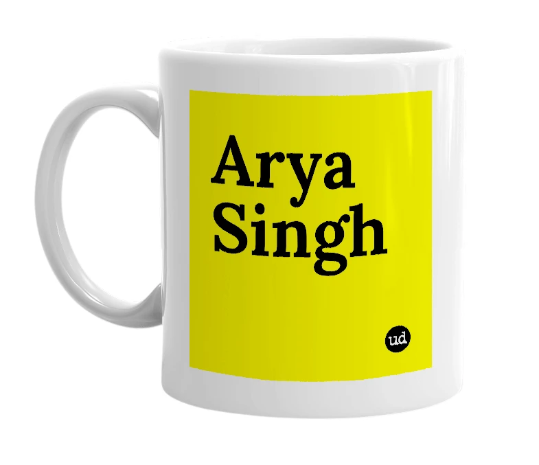White mug with 'Arya Singh' in bold black letters