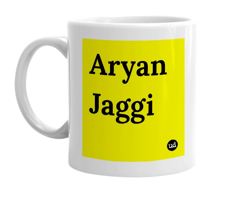 White mug with 'Aryan Jaggi' in bold black letters