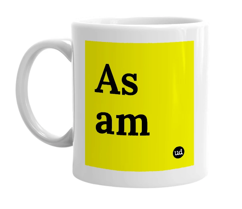 White mug with 'As am' in bold black letters
