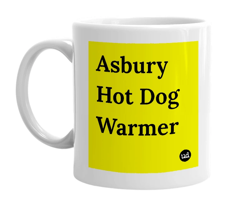 White mug with 'Asbury Hot Dog Warmer' in bold black letters