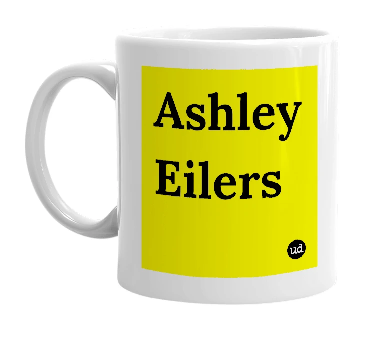 White mug with 'Ashley Eilers' in bold black letters
