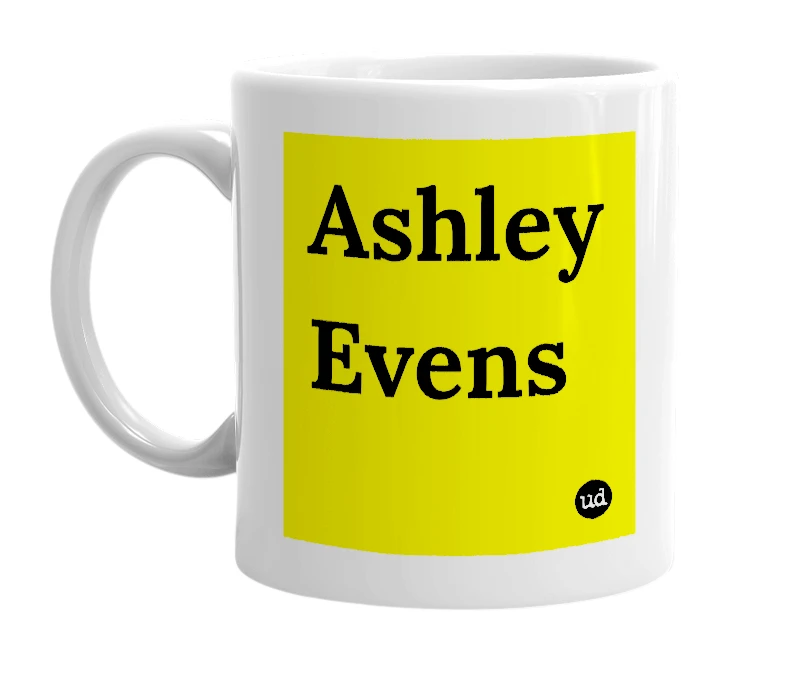 White mug with 'Ashley Evens' in bold black letters