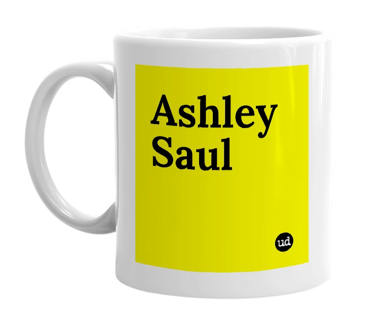 White mug with 'Ashley Saul' in bold black letters