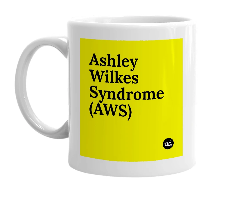 White mug with 'Ashley Wilkes Syndrome (AWS)' in bold black letters