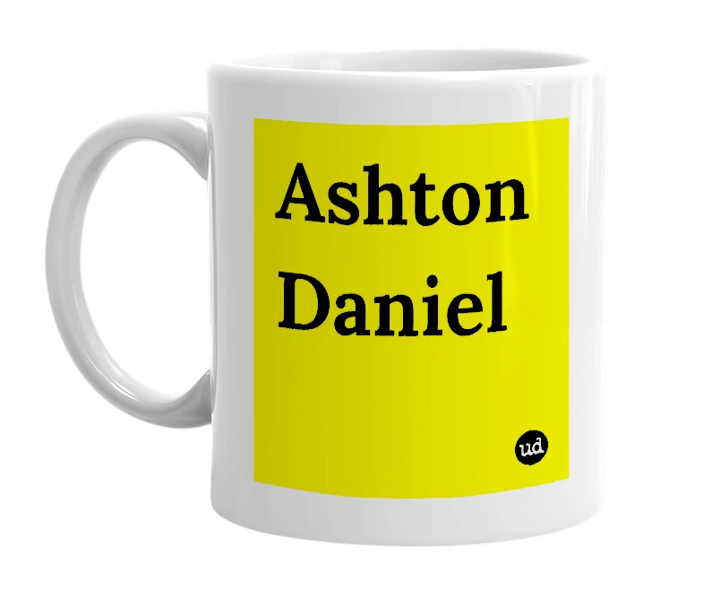 White mug with 'Ashton Daniel' in bold black letters