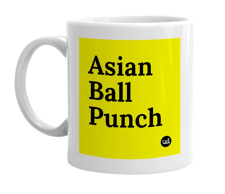 White mug with 'Asian Ball Punch' in bold black letters