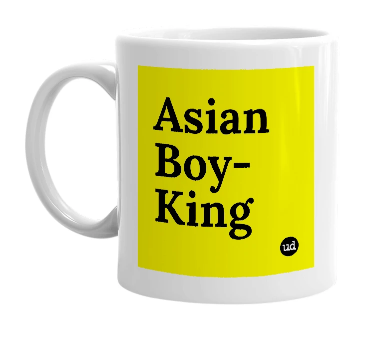 White mug with 'Asian Boy-King' in bold black letters