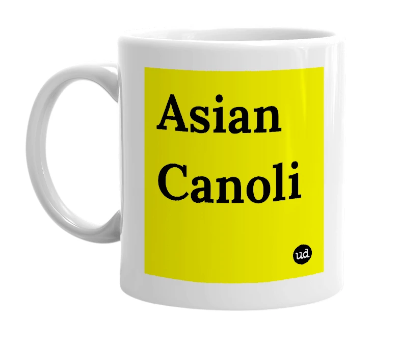 White mug with 'Asian Canoli' in bold black letters