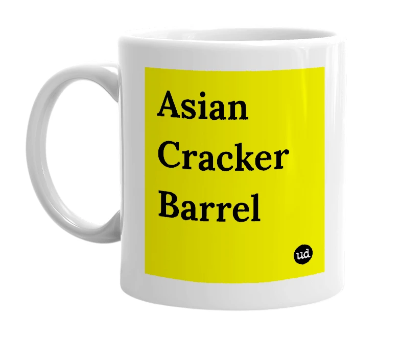White mug with 'Asian Cracker Barrel' in bold black letters