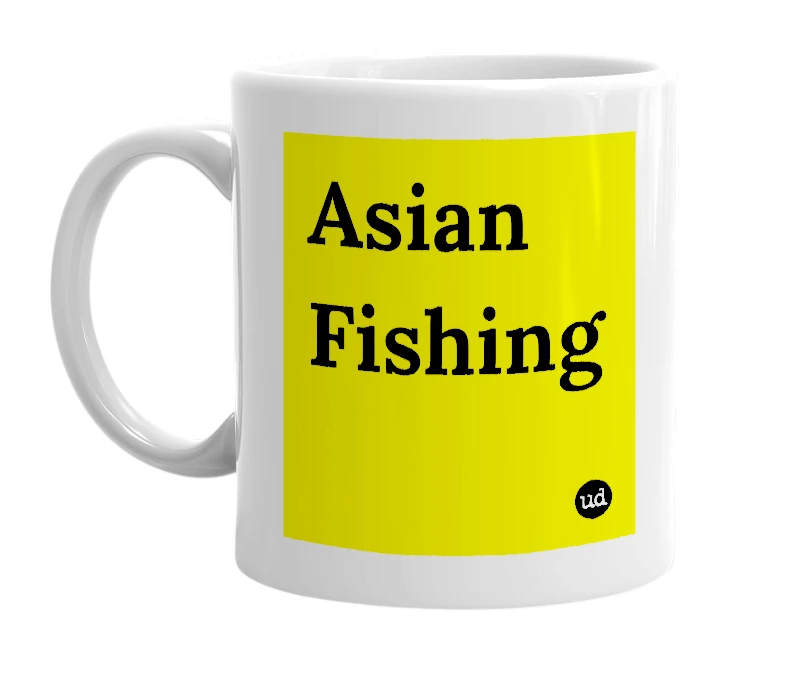 White mug with 'Asian Fishing' in bold black letters