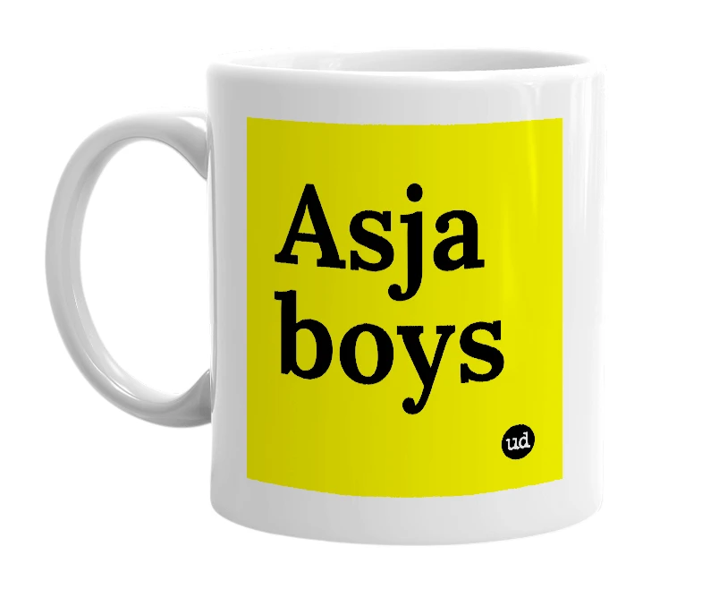White mug with 'Asja boys' in bold black letters