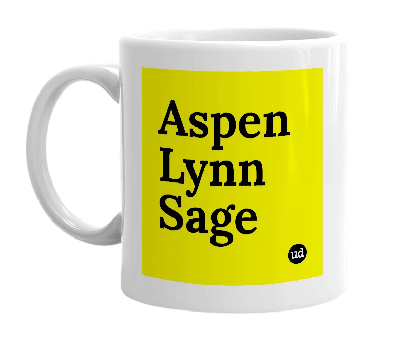 White mug with 'Aspen Lynn Sage' in bold black letters
