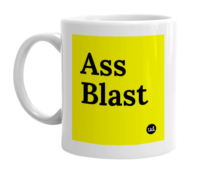 White mug with 'Ass Blast' in bold black letters