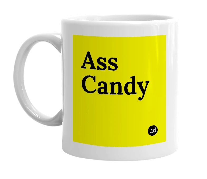 White mug with 'Ass Candy' in bold black letters