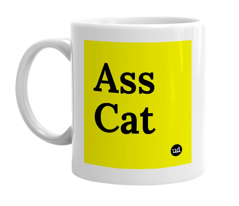 White mug with 'Ass Cat' in bold black letters