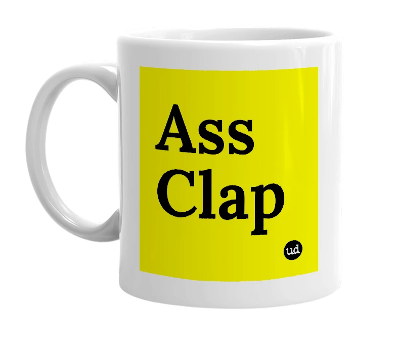 White mug with 'Ass Clap' in bold black letters