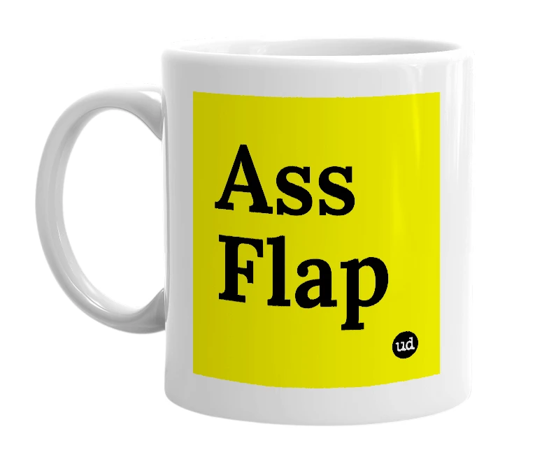 White mug with 'Ass Flap' in bold black letters