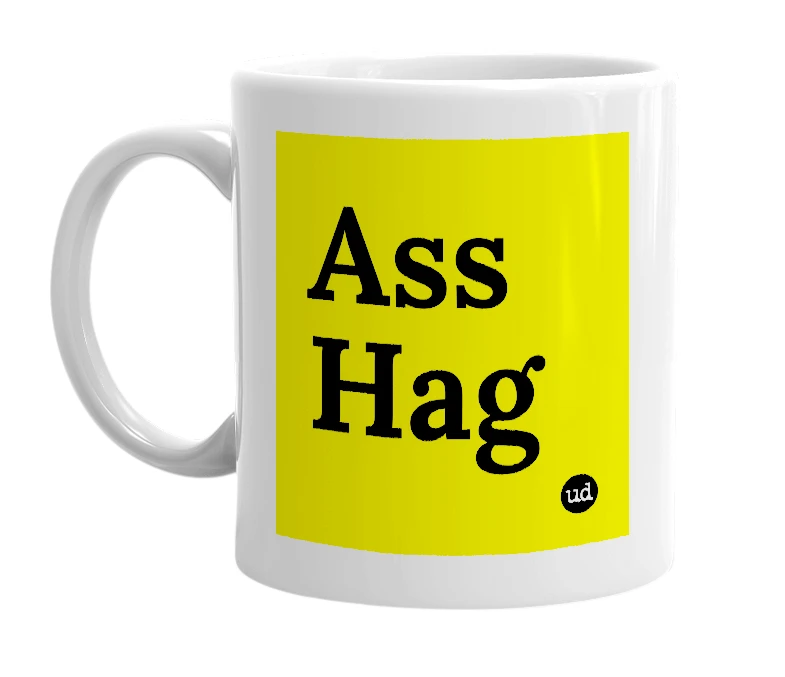 White mug with 'Ass Hag' in bold black letters