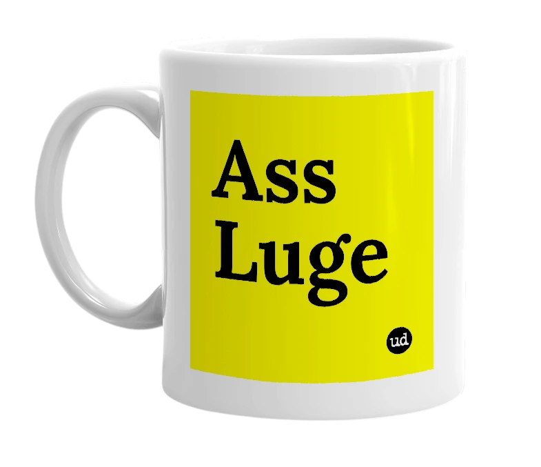 White mug with 'Ass Luge' in bold black letters