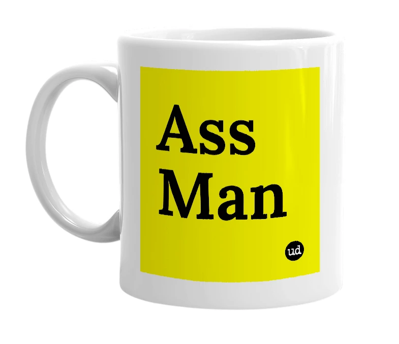 White mug with 'Ass Man' in bold black letters