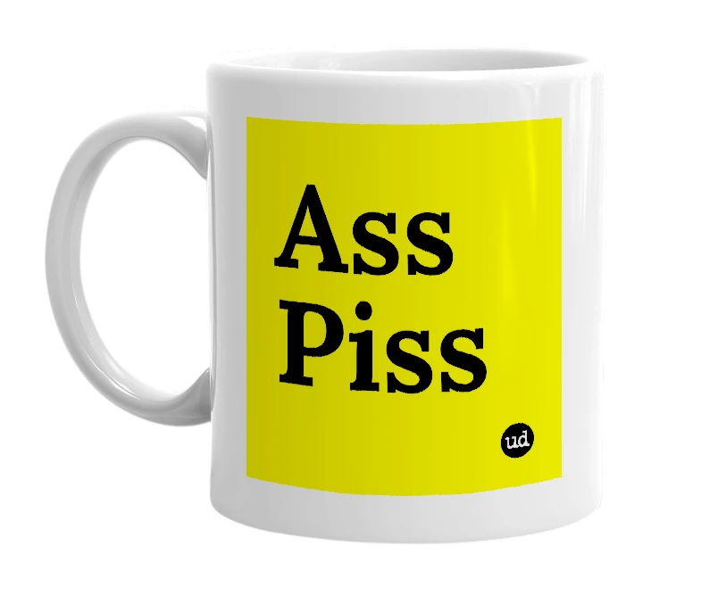 White mug with 'Ass Piss' in bold black letters