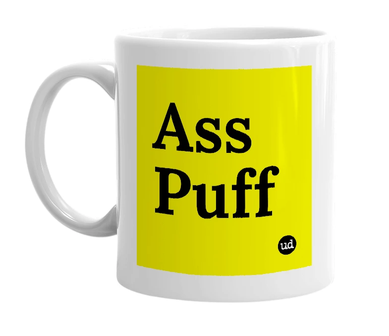 White mug with 'Ass Puff' in bold black letters