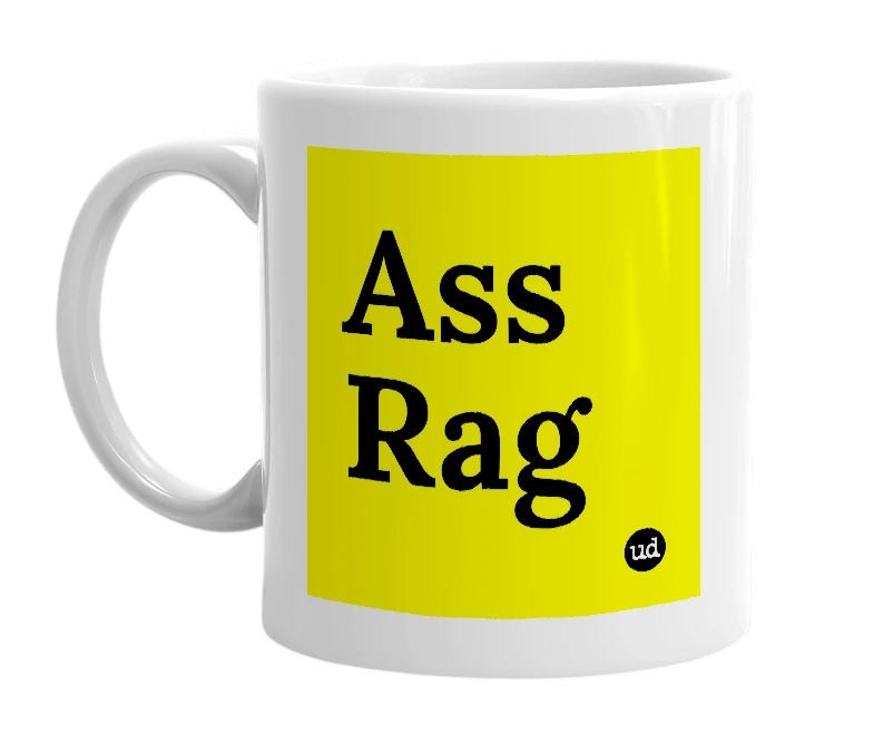 White mug with 'Ass Rag' in bold black letters