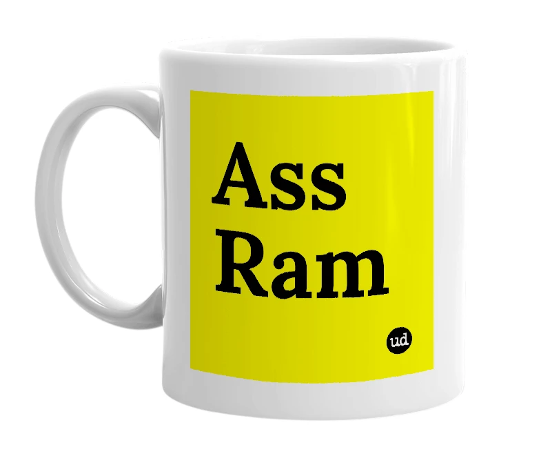 White mug with 'Ass Ram' in bold black letters