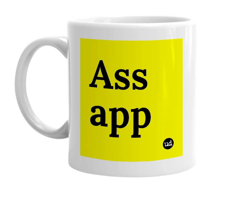 White mug with 'Ass app' in bold black letters