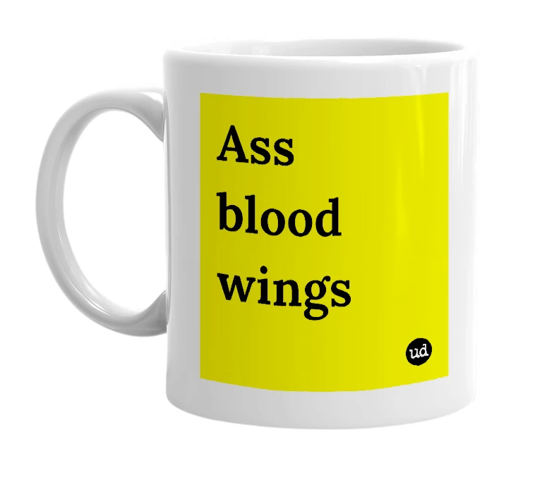 White mug with 'Ass blood wings' in bold black letters