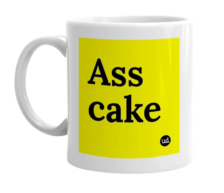 White mug with 'Ass cake' in bold black letters